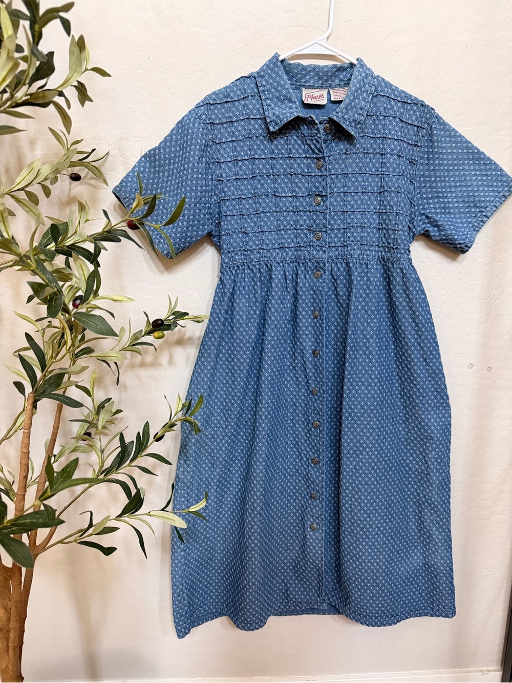 Vintage Phases Denim-Blue Short Sleeve Button Midi Dress